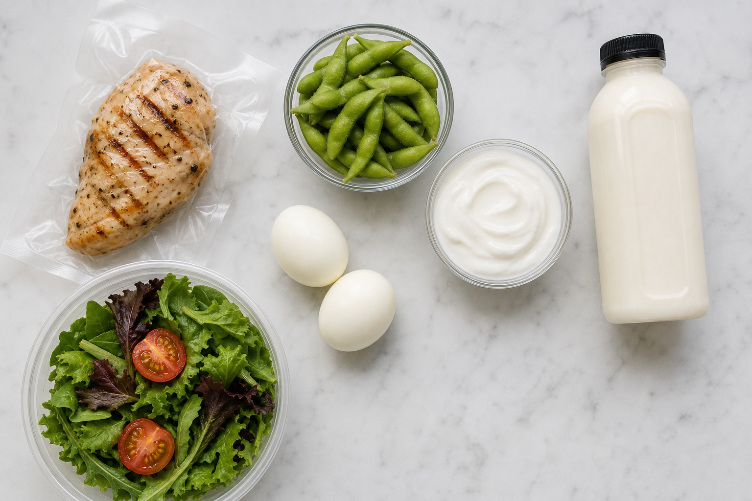 Healthy high-protein 7-Eleven foods in Thailand: grilled chicken, eggs, Greek yogurt, salad and edamame