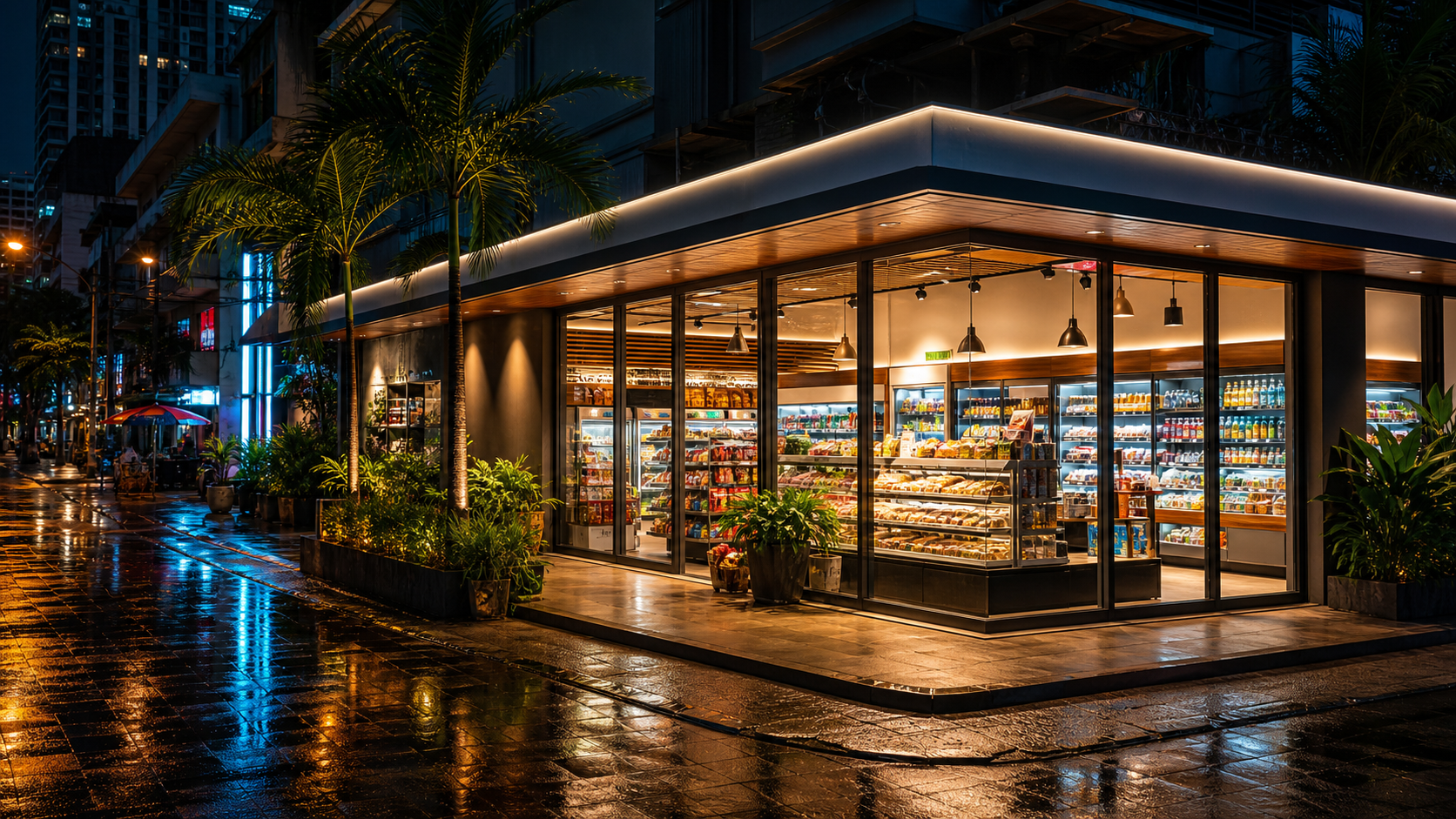 A brightly lit 7-Eleven convenience store at night on a tropical Thai street